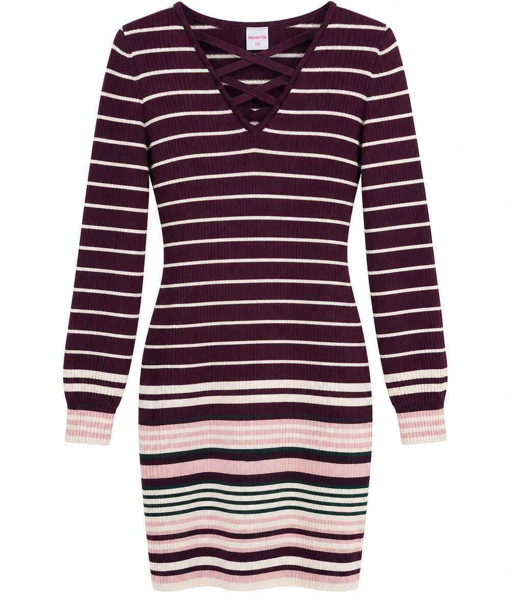 No Boundaries Juniors' Lace Up Stripe Sweater Dress Burgundy Combo Size 3X